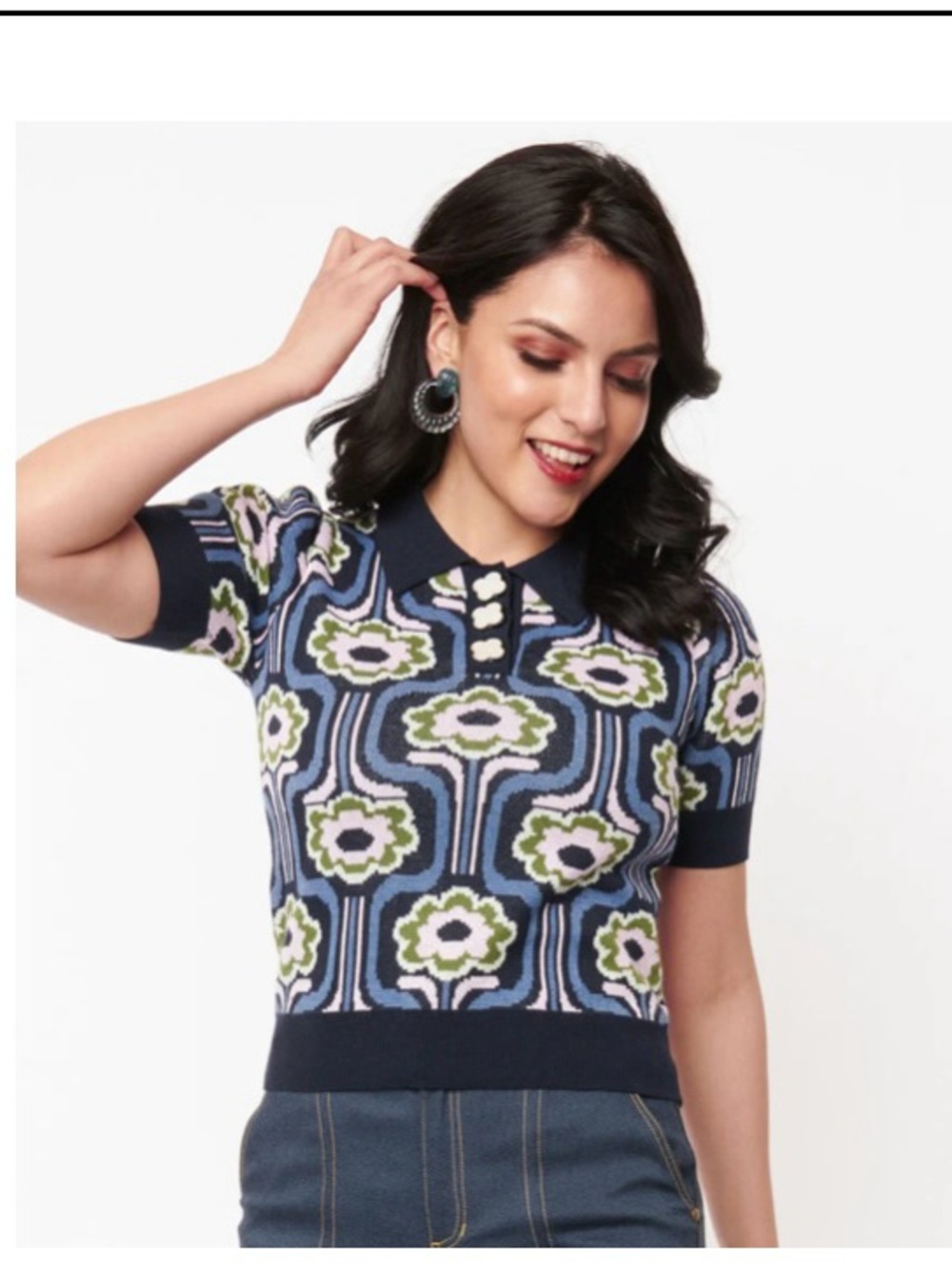 Unique Vintage Navy Floral Knit Polo with Pink & Green Motifs